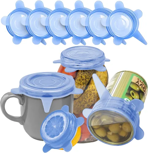 Miniatura 12 de Orblue Tapas elásticas de silicona reutilizables, paquete de 6, pequeñas para almacenamiento de alimentos frescos, sella los sabores, mantiene