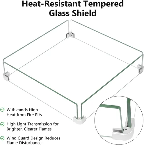 Miniatura 5 de GRISUN Inserto para hoguera de 18 x 18 pulgadas, bandeja cuadrada de quemador de gas con protector de viento de vidrio y tapa de acero inoxidable