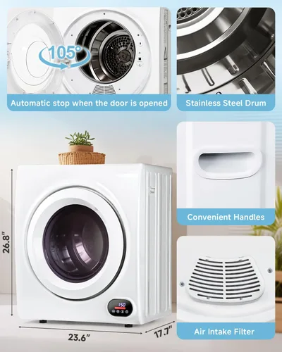 Miniatura 5 de Feelfunn - Secadora de ropa portátil de 3.5 pies cúbicos - Secadora de ropa de 1500 W con tambor de acero inoxidable, carga frontal, panel táctil
