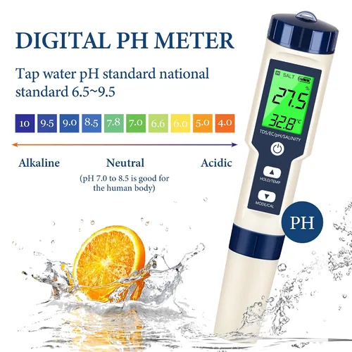Miniatura 4 de Medidor de pH y TDS Medidor digital de agua 5 en 1 Probador de salinidad PH Temp EC y medidor TDS, medidor de pH para agua con retroiluminación LCD