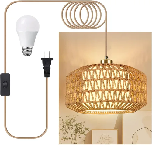 Lámpara colgante enchufable, luces colgantes de ratán con cable enchufable, tejido de ratán y pantalla de tela 2 en 1, lámpara colgante enchufable