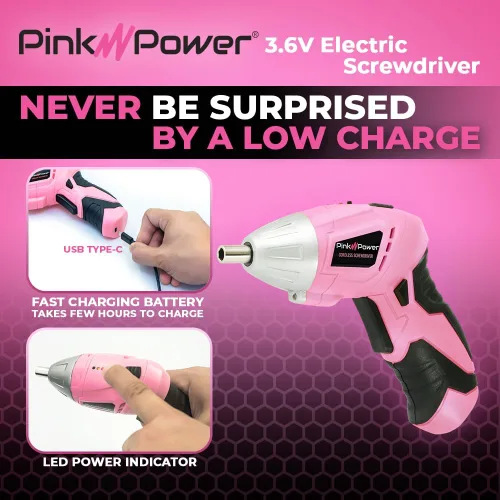 Miniatura 3 de Pink Power PP481, Juego de desarmador eléctrico inalámbrico de 4.8 voltios para mujeres con cargador y brocas
