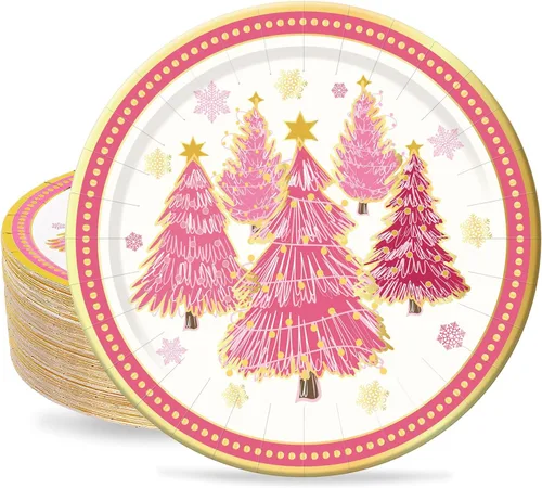 40 platos de Navidad de 9 pulgadas, platos de papel desechables de papel de lámina dorada, platos de fiesta de árbol de Navidad rosa para fiestas,