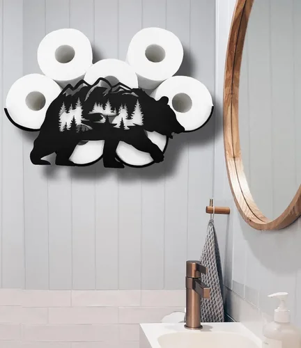 Miniatura 3 de Bear - Almacenamiento de papel higiénico de pared de metal, divertido soporte de papel higiénico negro, soporte de papel de metal decorativo