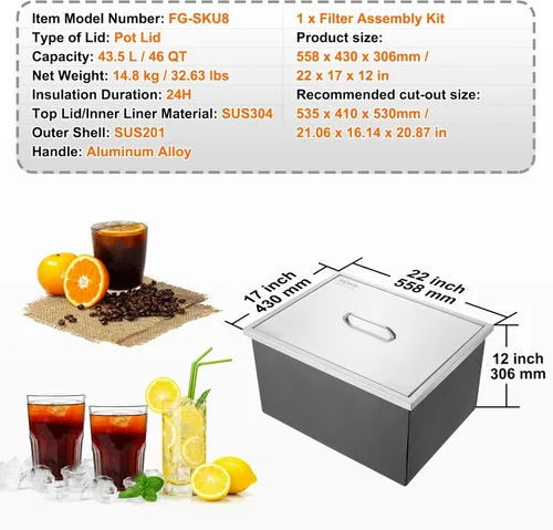 Miniatura 7 de VEVOR Arcón congelador de inmersión, enfriador de hielo de acero inoxidable de 22" L x 17" W x 12" H, recipiente de hielo comercial con cubierta