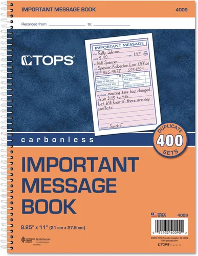 Miniatura 2 de TOPS Libro de mensajes para teléfono, encuadernado en espiral, 2 partes, sin carbono, blanco y canario, 4 mensajes por página, 400 juegos (4009)