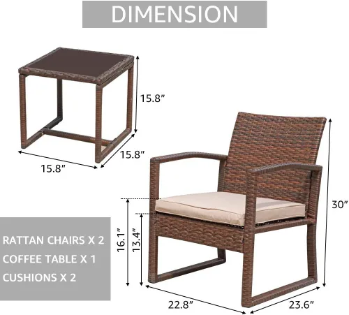 Miniatura 4 de Patiorama Juego de muebles de patio al aire libre de 3 piezas, juego de conversación de mimbre para exteriores, juego de sillas de ratán para patio