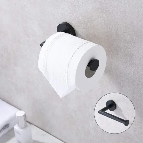 Miniatura 2 de TASTOS Soporte de papel higiénico negro mate de acero inoxidable, dispensador de rollos de papel higiénico para baño, soporte de pared redondo medio