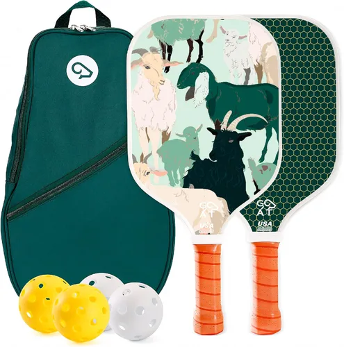 Juego de 2 palas de pickleball Goat, incluye 4 bolas para interiores y exteriores y bolsa de viaje, juego de raquetas de pickleball de fibra de Verde