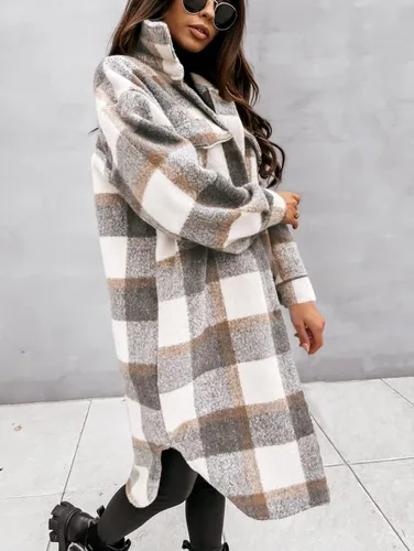Miniatura 3 de Yousify Chaqueta larga con solapa a cuadros para mujer cepillada con botones y bolsillos