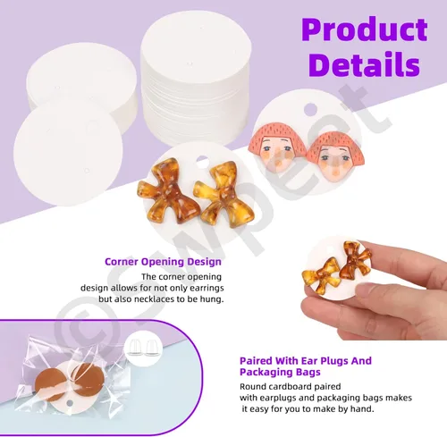 Miniatura 3 de Swpeet Juego de 600 tarjetas de exhibición de aretes blancos, tarjetas redondas de 1.6 in a 1.6 pulgadas con parte trasera de aretes y bolsas
