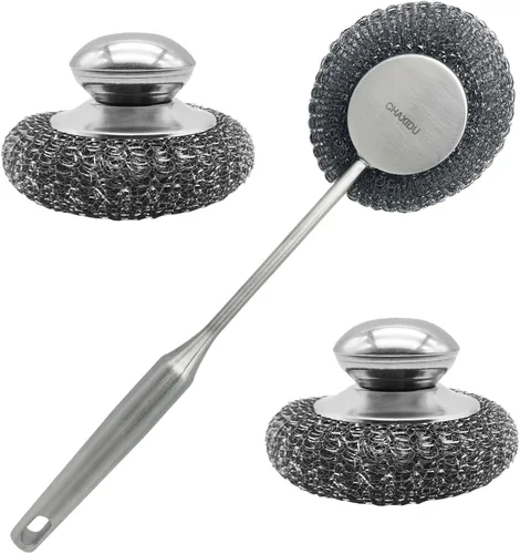 Juego de estropajos de lana de acero inoxidable, cepillos de mango largo y asa, cepillo de metal para ollas, sartenes, parrillas y limpieza de