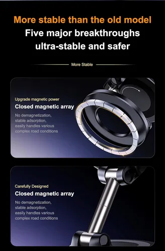 Miniatura 6 de R&B Goods Soporte magnético para teléfono MagSafe (imanes de rubidio), negro, aleación de zinc, 3 ejes ajustables, succión al vacío, diseño plegable