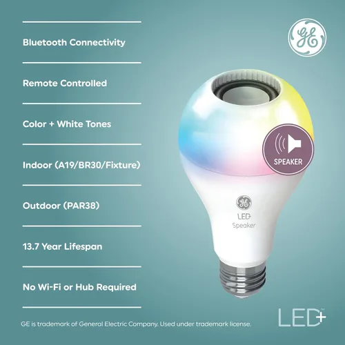 Miniatura 2 de GE LED+ A21 Bombilla LED, Luz LED Interior con Cambio de Color, Altavoz Inalámbrico Bluetooth con Control Remoto, 9W, Multicolor y Blanco Cálido
