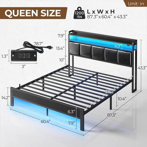 Miniatura 2 de Rolanstar Armazón de Cama Tamaño Queen con Estación de Carga y Luces LED, Cabecera de Cuero PU con Estantes de Almacenamiento, Listones de Metal