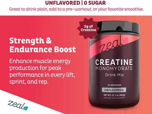 Miniatura 3 de Zeal - Monohidrato de creatina micronizada en polvo Creatina pura sin sabor 0.18 oz por porción, 72 porciones Apoya el crecimiento muscular