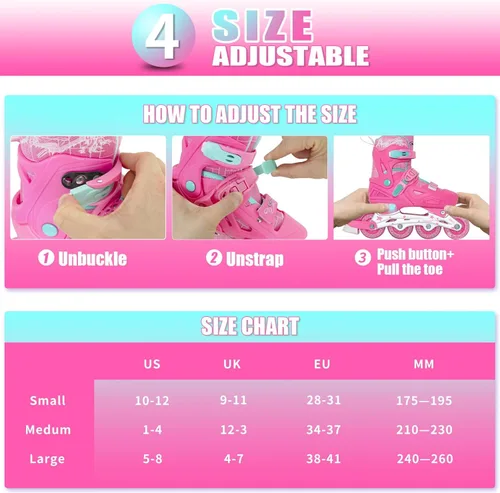 Miniatura 5 de Patines en línea Nattork para niñas y niños, patines ajustables con ruedas iluminadas en 4 tallas, patines iluminados para principiantes para niños