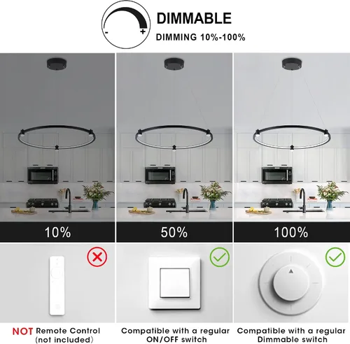 Miniatura 4 de Lámpara colgante LED moderna regulable de 23.6 pulgadas, color negro, 1 anillo circular, para sala de estar, comedor, cocina, oficina, vestíbulo