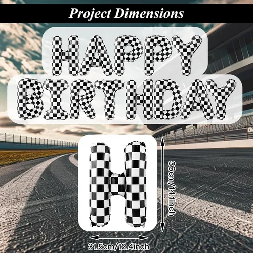 Miniatura 2 de Globo de cartel de feliz cumpleaños con temática de auto de carreras, decoración de fiesta de carreras a cuadros en blanco y negro, suministros