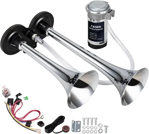 Miniatura 18 de FARBIN - Bocina de coche de 12 V, 150 dB, bocina de aire súper fuerte, bocinas de aire de doble trompeta de zinc cromado, bocina de camión con arnés