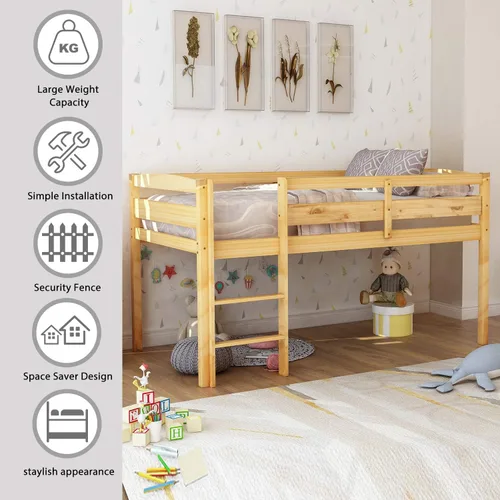 Miniatura 3 de Cama alta baja para niños, cama alta junior con escalera, cama alta de madera individual para niñas y niños, no necesita somier, nogal