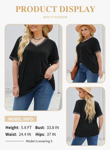 Miniatura 56 de Eytino Blusas de talla grande para mujer, cuello en V, manga corta, a rayas, casual, holgada, con bolsillo (1X-5X)