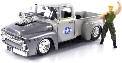 Jada Street Fighter 1:24 1956 Ford F-100 - Coche fundido a presión y figura de Guile de 2.75 pulgadas, juguetes para niños y adultos