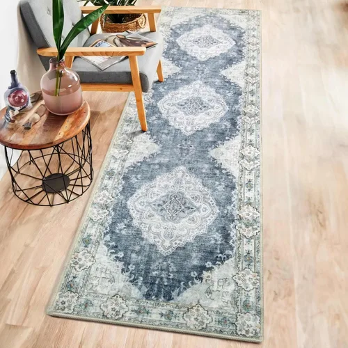 Miniatura 2 de MUJOO Alfombra Pasillo Runner 2'x8' Azul Gris Alfombras Largas Boho Lavable a Máquina Antideslizante para Entrada Cocina Baño Dormitorio Retro Suave