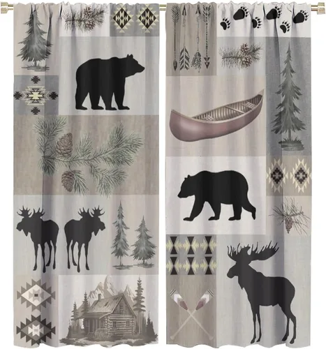 Cortinas rústicas de oso alce y ciervo, estilo retro, pino, cabaña, campestre, campamento, tratamiento de ventana, vintage, tribal, azteca, Bear-5