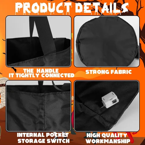 Miniatura 6 de Teling 6 bolsas de dulces de calabaza con luces LED para Halloween con luces LED, bolsas de regalo reutilizables para suministros de fiesta