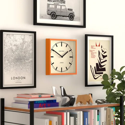 Miniatura 5 de JONES CLOCKS® Reloj de pared Box Railway Reloj de estación cuadrada 10 pulgadas Naranja Aspecto de diseñador genial para cocina, sala