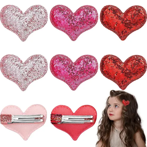 9 pinzas y pasadores para el cabello, diseño de corazón de lentejuelas con purpurina para niñas en tres colores, fiesta temática del día de San