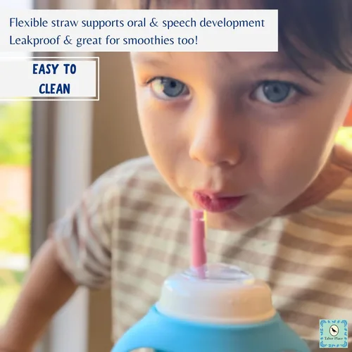 Miniatura 5 de Tabor Place Juego de 2 - Vaso sippy de vidrio para niños pequeños - The Luca A prueba de derrames Popote de silicona Azul y naranja 8 onzas