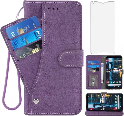 Asuwish Compatible con Google Pixel 2XL - Funda tipo cartera y protector de pantalla de vidrio templado, correa de muñeca, soporte para tarjetas de