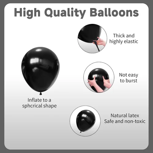 Miniatura 5 de Kit de arco de globos negros y plateados, 130 guirnaldas de globos negros metálicos, globos de látex plateados metálicos de diferentes tamaños