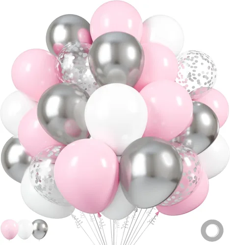 Globos de látex color plateado, rosa y blanco, paquete de 50 globos metálicos de confeti plateado de 12 pulgadas para niñas, baby shower, Globos de