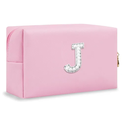Miniatura 282 de Pequeña bolsa de maquillaje personalizada con inicial A-Z Preppy Patch, bolsa de cosméticos de viaje de felpilla blanca con cremallera, bonita bolsa
