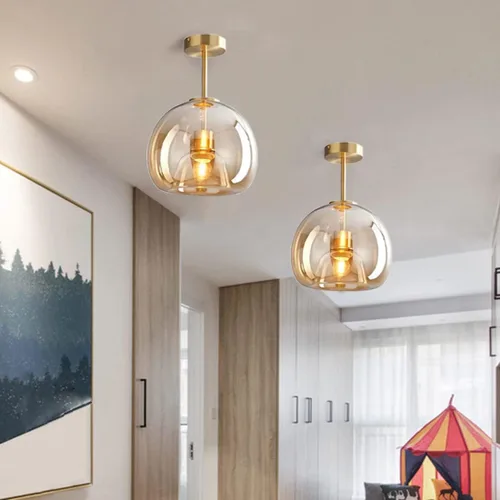Miniatura 4 de Lámpara de techo semiempotrada de cristal dorada con pantalla de vidrio ámbar, lámpara de techo moderna de mediados de siglo para pasillo