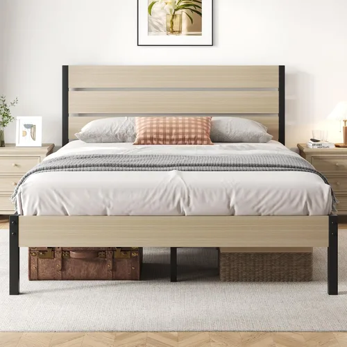 Miniatura 14 de Fluest Base de cama con cabecera y estribo, con almacenamiento debajo de la cama, sistema de soporte totalmente metálico, no necesita somier, fácil