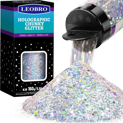 LEOBRO - Purpurina plateada, 160G/5.64OZ, brillantina holográfica gruesa para manualidades, resina, uñas, cabello, cara, decoraciones DIY Diamante