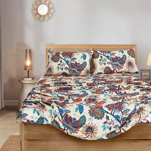 Miniatura 9 de Chezmoi Collection Paradise - Juego de sábanas florales de 3 piezas, multicolor, azul, rojo, naranja, crema, de microfibra con bolsillo profundo