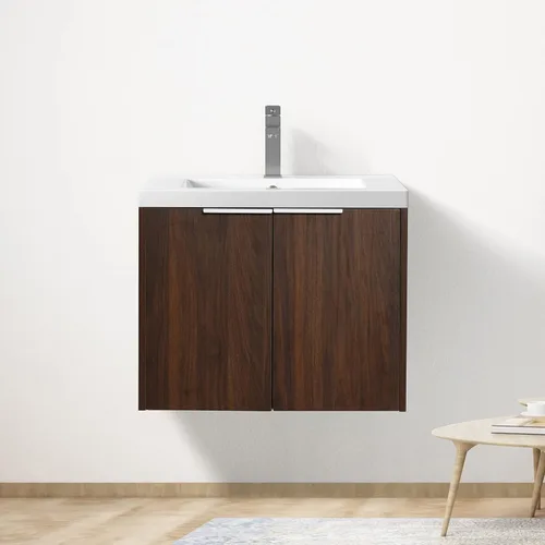 Miniatura 29 de Juego de tocador de baño flotante de 22 pulgadas con lavabo, moderno tocador de baño montado en la pared con lavabo de cerámica y puerta de cierre