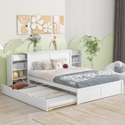 RUNNA Elegante cama de plataforma de tamaño Queen con estantes extraíbles, cama de almacenamiento de madera con nido de tamaño individual, para