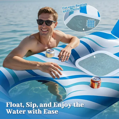 Miniatura 3 de Pool Float for Adults – Extra Large Inflatable Tanning Pool Float with Backrest, Footrest & 2 Cup Holders, Heavy Duty Float Lounger for Pool, Lake
