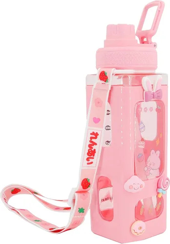 Kawaii Bear - Botella de agua pastel con adhesivo 3D, 23.7 fl oz, de plástico, para viaje, té, jugo, leche, portátil, bonita, botella de bebida para