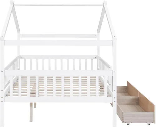 Miniatura 4 de Bellemave Cama de plataforma Montessori Full House para niños con 2 cajones de almacenamiento, barandillas y techo, madera maciza tamaño matrimonial