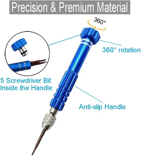 Miniatura 4 de Kit de reparación de lentes, juego de destornilladores de precisión multifuncionales 5 en 1 (torxT5 ~ T6, +1.5, -1.5, star0.8) con mini Azul