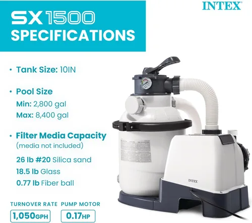 Miniatura 3 de INTEX Bomba de filtro de arena transparente Krystal de 1,500 GPH para piscinas sobre el suelo, bomba de piscina con temporizador automático