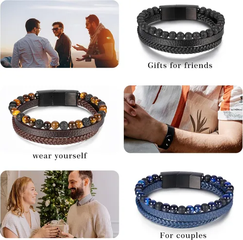Miniatura 4 de Pulseras de cuentas de cuero en capas para hombres, pulseras de cuero trenzado con ojo de tigre y piedra de lava para hombres con cierre magnético