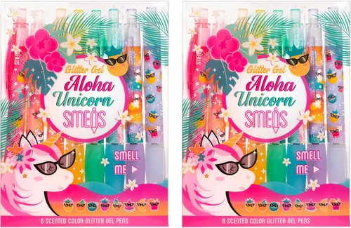 Glitter Gel Smens (paquete de 2) - Bolígrafos perfumados Aloha unicornio, tinta de gel con purpurina de colores, punta media, 8 unidades
